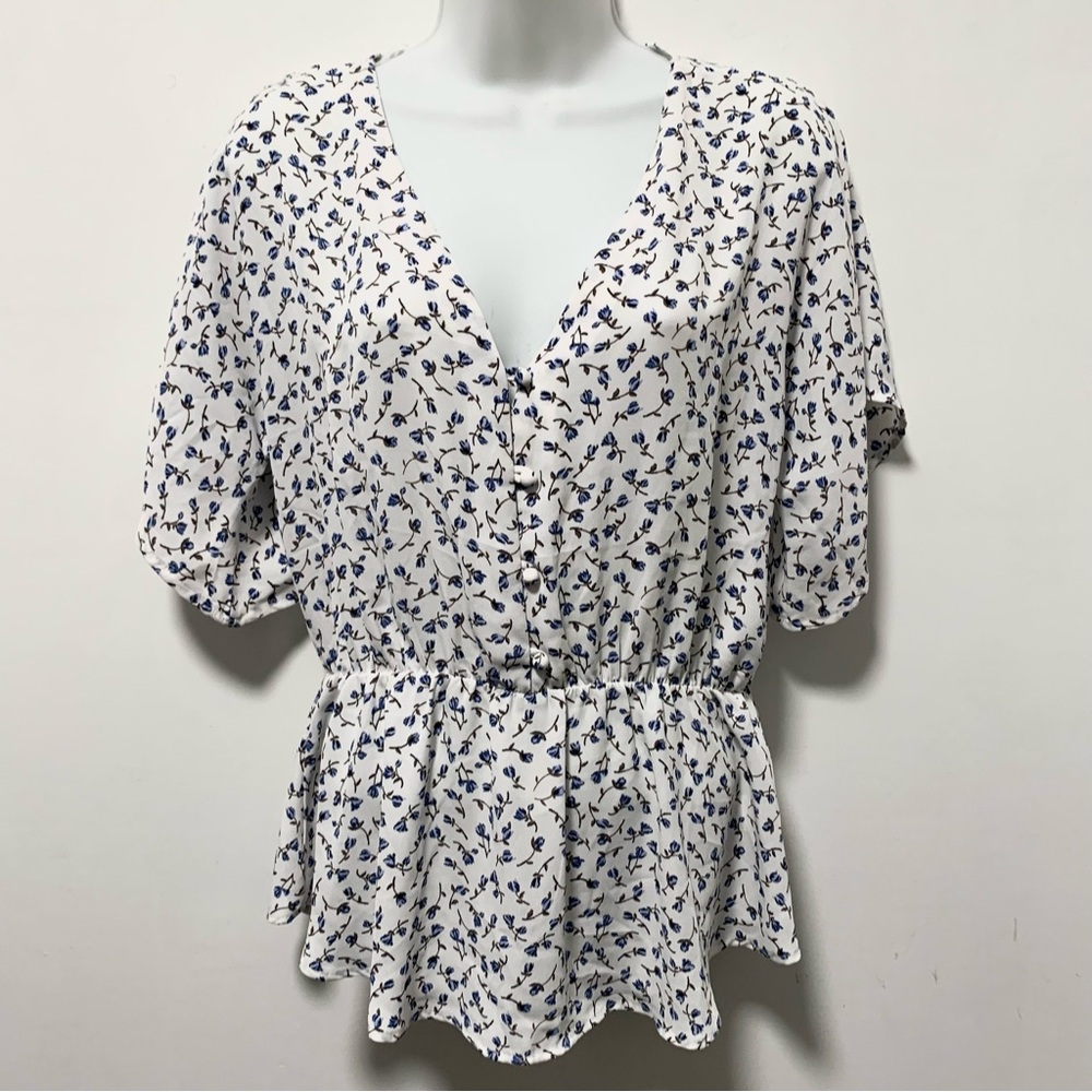 Sienna Sky White and Black Peplum Blouse with Puff Sleeves Size M